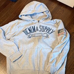 Denim & Supply Ralph Lauren Heather Gray Zip Hoodie with Navy Logo